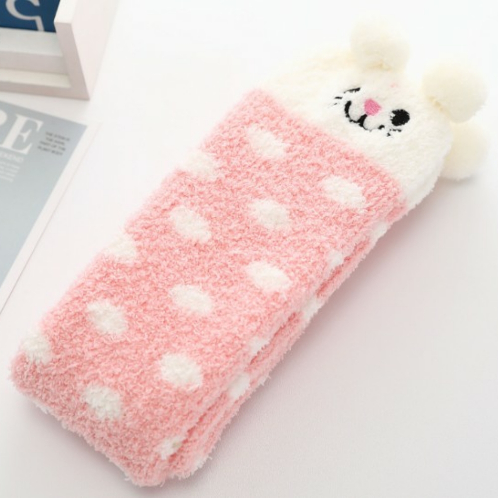Fluffy Winter Socks Cute CATS WHITE POLKA DOTS
